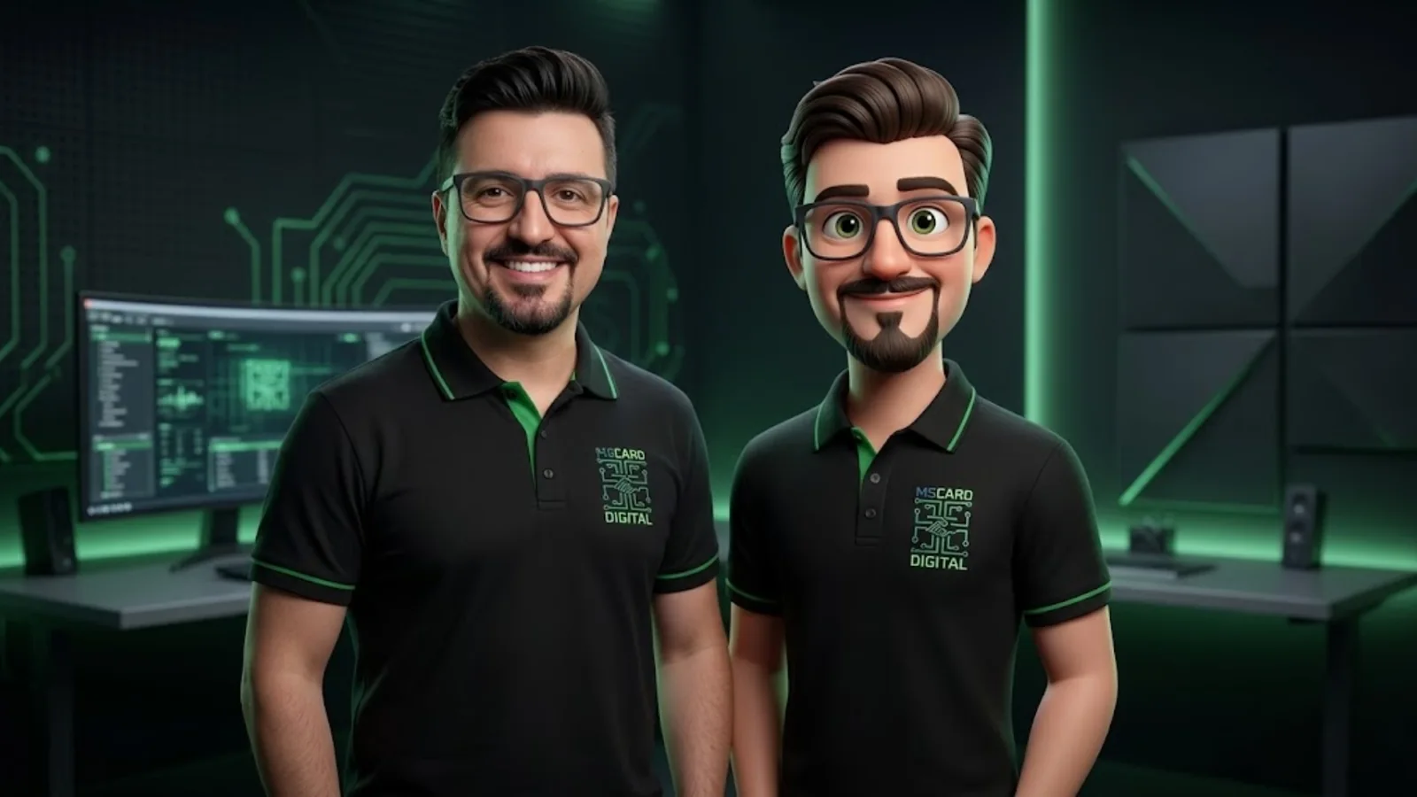 Maicon ao lado do mascote 3D da MS Card Digital