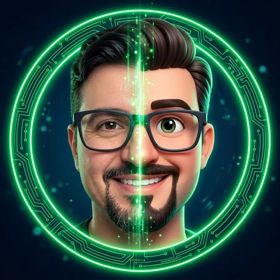 Retrato com metade real e metade personagem 3D